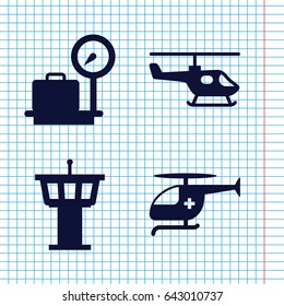 Set of 4 departure filled icons such as lugagge weight, airport tower, medical helicopter