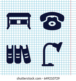 Set of 4 desk filled icons such as table lamp, binder, office desk