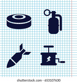 Set of 4 destruction filled icons such as rocket bomb, dynamite