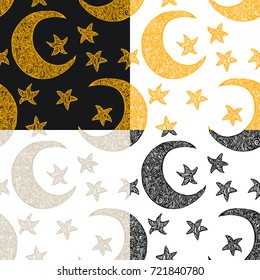 Set of 4 detailed hand drawn tile patterns of night sky, crescent moon, stars. Graphic engraving style art, alchemy spiritual theme. Textile, clothes, fabric, paper print.