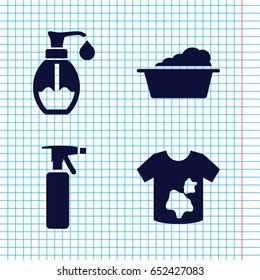 Set of 4 detergent filled icons such as spray bottle, laundry, dirty laundry