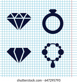 Set of 4 diamond filled icons such as gem, necklace