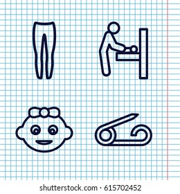 Set of 4 diaper outline icons such as baby changing room, pin, baby girl