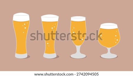Set of 4 different beer glass shapes with yellow lager and foam. Minimalist flat vector icons for craft beer menus, brewery branding, and pub promotion designs.