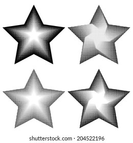 Set of 4 different black and white stars in halftone style