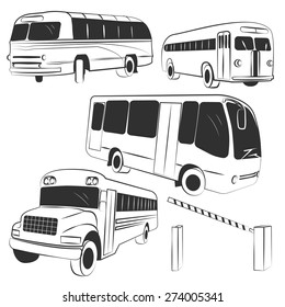 Set of 4 different buses in different positions and striped barrier. Vector illustration