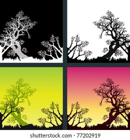 Set of 4 different color variations of background with trees silhouettes (eps8)