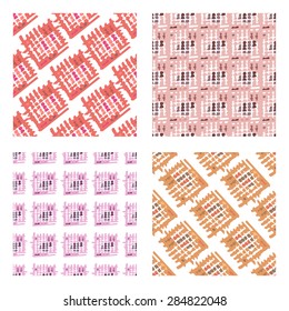 Set of 4 different colorful abstract geometric spotty square seamless pattern. Modern repeating background texture. Squares,lines,spots,stripes.