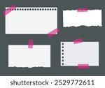 Set of 4 different empty notes. Pieces of white papers on pink sticky tape. Notebook pages with holes and torn. Mood board template composition.Mockup on black background. Vector 3d realistic. EPS10.