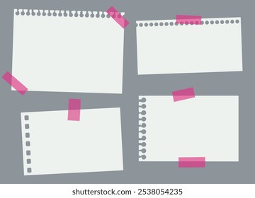 Conjunto de 4 notas vacías diferentes con agujeros. Pedazos de papeles blancos en cinta adhesiva rosa. Páginas del cuaderno. Composición de la Plantilla del tablero de sentimiento. Maqueta sobre fondo negro. Vector 3D realista. EPS10.