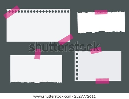 Set of 4 different empty notes. Pieces of white papers on pink sticky tape. Notebook pages with holes and torn. Mood board template composition.Mockup on black background. Vector 3d realistic. EPS10.