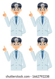 
A set of 4 different facial expressions of a doctor with a head mirror to explain