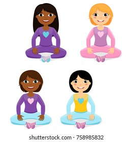 Set of 4 different girls sitting in pajamas. Vector illustration of cute cartoon children, isolated. Eps 8