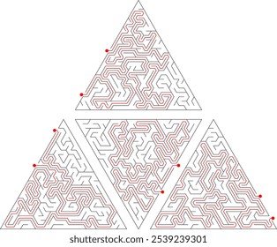 Conjunto de 4 labirintos de dificuldade difícil diferentes. Coleção de pirâmides egípcias com solução - passagem vermelha. Labirinto de alta complexidade ilustração vetor preto e branco. Belo quebra-cabeça.