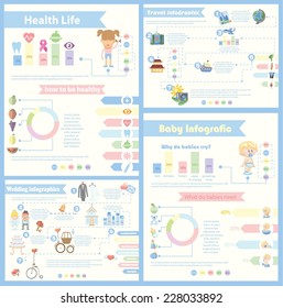 Set of 4 different Infographics - Health and sport life,Baby Infographics, Travel and  Weeding Infographics 