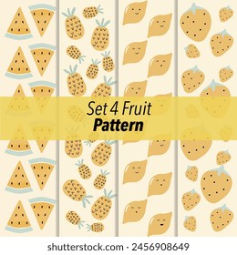 Set of 4 different patterns with yellow summer fruits include watermelon slices, pineapple, lemon. strawberry