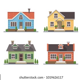 Set of 4 different residential houses - urban architecture. Vector illustration in flat style, isolated on white background