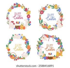 Set of 4 different round frames on the theme of spring and Easter with cute Easter bunnies or rabbits, Easter multi-colored eggs and different flowers and plants