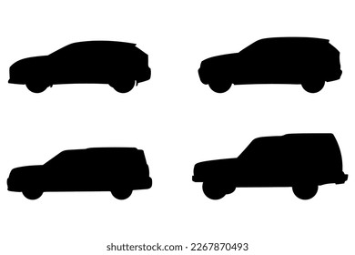 Set with 4 different silhouette types of suv cars in vector, side view. Doodle collection.