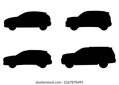 Set with 4 different silhouette types of suv cars in vector, side view. Doodle collection.