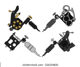 Set of 4 different style realistic tattoo machines icons. Revolver tattoo machine, knuckle duster tattoo gun. Color illustration isolated on white