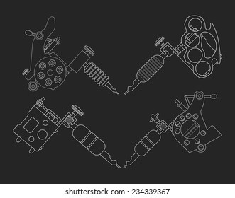 Set of 4 different style realistic tattoo machines icons. Revolver tattoo machine, knuckle duster tattoo gun. Chalkboard vector illustration isolated on black
