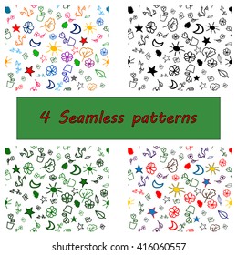 Set of 4 different vector seamless patterns. Vector illustration. Black and white, green, colorful seamless patterns. Nature: plants, sun, stars, moon.