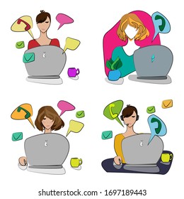 set of 4 different vector stickers. the girl is working on a laptop