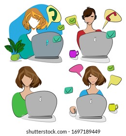 set of 4 different vector stickers. the girl is working on a laptop