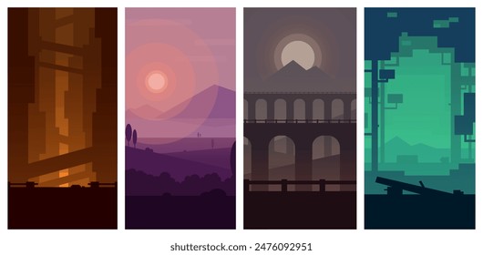 Set of 4 different vertical landscapes flat style.