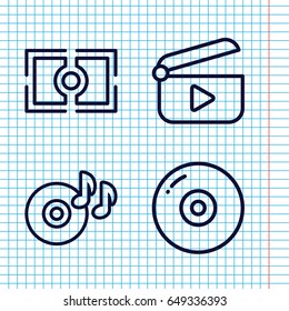 Set of 4 digital outline icons such as disc on fire, camera focus, play