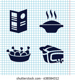 Set of 4 dinner filled icons such as chicken leg, pie, menu