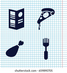 Set of 4 dinner filled icons such as pizza, meat leg, fork