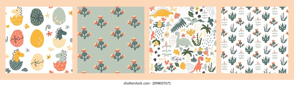 Set of 4 Dino patterns. Little dino, cracked egg, dinosaurs, fantasy prehistoric plants, spots, traces,  raindrops and eggs. Vector backgrounds. Baby print