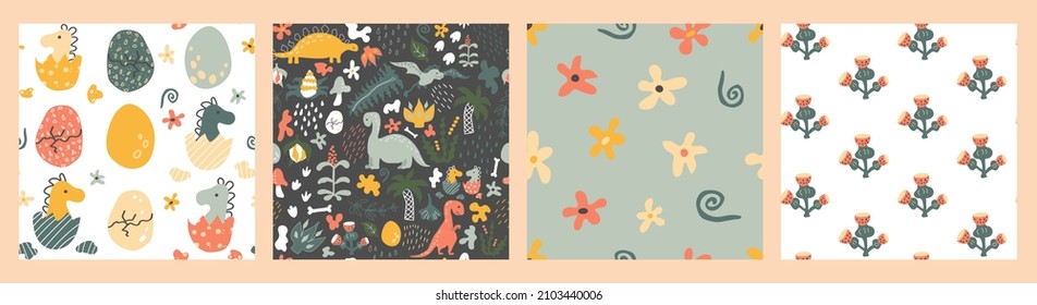 Set of 4 Dino patterns. Little dino, cracked egg, dinosaurs, fantasy prehistoric plants, spots, traces,  raindrops and eggs. Vector backgrounds. Baby print