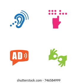 Set Of 4 Disabled Icons Set.Collection Of Braille, Gesture, Ad And Other Elements.