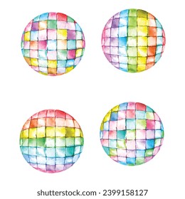 4 Disco-Bälle Wasserfarben-Illustration, bunte, mehrfarbige Disco-Bälle