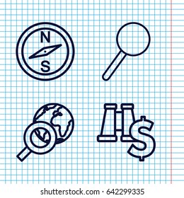 Set of 4 discovery outline icons such as magnifier, compass, globe search