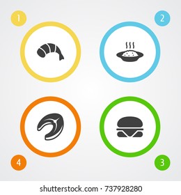 Set Of 4 Dish Icons Set.Collection Of Prawn, Seafood, Burger And Other Elements.