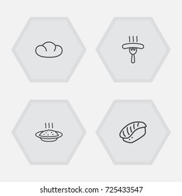 Set Of 4 Dish Outline Icons Set.Collection Of Japanese Roll, Sausage, Porridge And Other Elements.