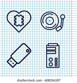 Set of 4 disk outline icons such as gramophone, usb drive, CPU in heart