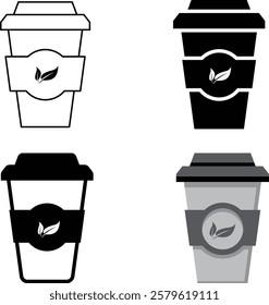 Set of 4 Disposable coffee cup icon, outline editable stroke, solid glyph, flat and gray scale color style