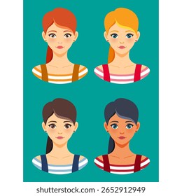 Set of 4 diverse girl avatars with ponytail hairstyle and striped shirts in flat cartoon style. Great for profile icons, character design, apps, or educational graphics.