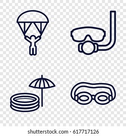 set of 4 diving outline icons such as inflatable pool and umbrella, man with parachute, swimming glasses
