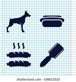 Set of 4 dog filled icons such as dog, hair brush, sausage