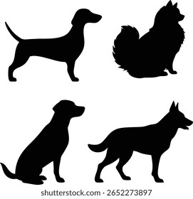 Set of 4 dog silhouettes featuring Labrador, Pomeranian, German Shepherd, and Dachshund in sitting and standing poses. Ideal for logos, decals, prints, and pet-themed designs.
