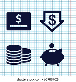 Set of 4 dollar filled icons such as coin, dollar down, piggy bank