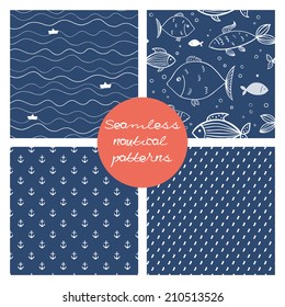Set of 4 doodle abstract seamless patterns. Seamless hand drawn wave pattern with paper boat. Fish seamless background. Anchors seamless pattern. Dotted pattern. Vector set.