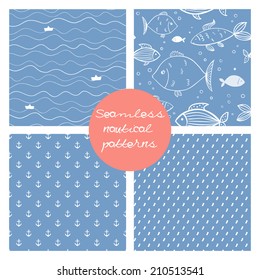 Set of 4 doodle abstract seamless patterns. Seamless hand drawn wave pattern with paper boat. Fish seamless background. Anchors seamless pattern. Dotted pattern. Vector set.