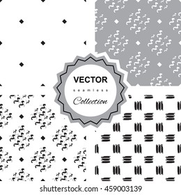 Set of 4 doodle abstract seamless pattern collection. Black and white endless texture set.